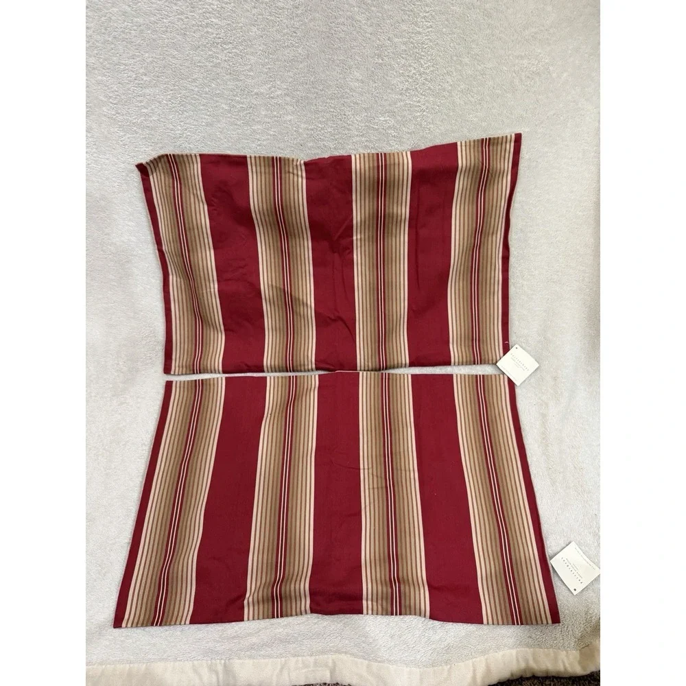 NWT‎ 2 Pottery Barn Ombre Stripe Pillow Covers Red Beige 16x26 Linen Cotton